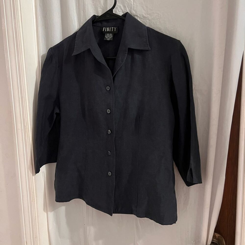 Finity navy blue silk linen blend button up blouse size 4
